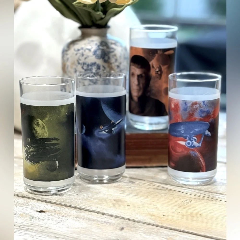 4 STAR TREK 2008 High Ball Glasses. Collectible Burger King Tumblers | Y2K